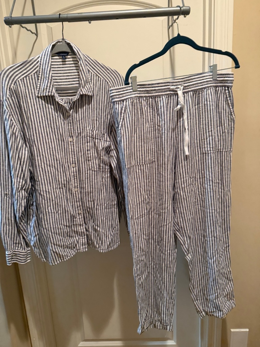 Nautica Blue and White Striped Pantsuit Set linen